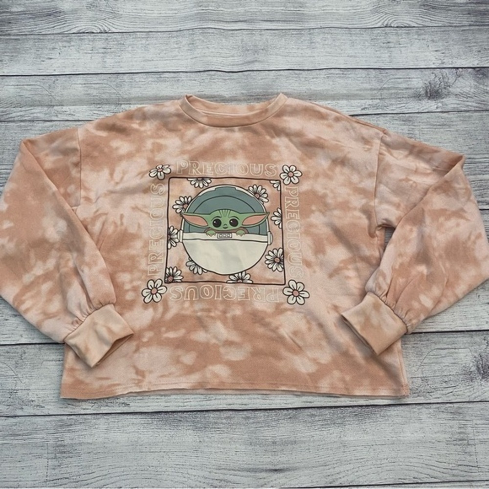 Star Wars Yoda Precious Tie Dye Crop Pullover Sweatshirt Raw Hem Size Large